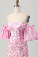 Load image into Gallery viewer, Pink Floral Jacquard Detachable Sleeves Strapless Tight Short Homecoming Dress