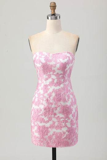 Pink Floral Jacquard Detachable Sleeves Strapless Tight Short Homecoming Dress