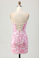 Load image into Gallery viewer, Pink Floral Jacquard Detachable Sleeves Strapless Tight Short Homecoming Dress