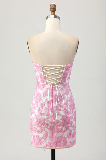 Pink Floral Jacquard Detachable Sleeves Strapless Tight Short Homecoming Dress