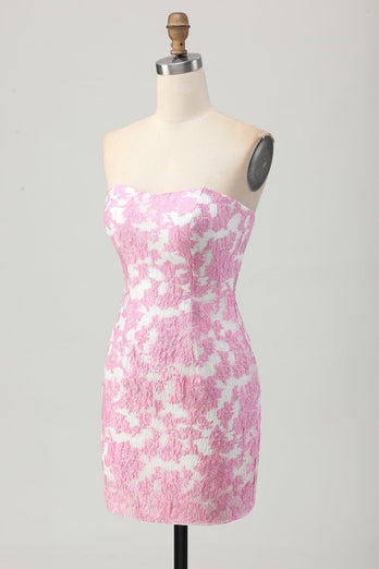 Pink Floral Jacquard Detachable Sleeves Strapless Tight Short Homecoming Dress