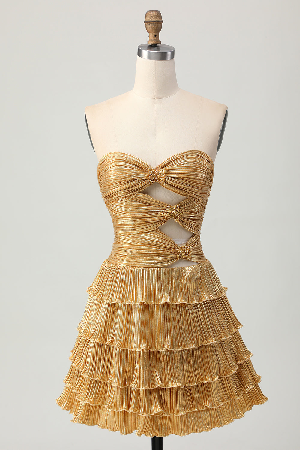 Sparkly Golden Metallic Sweetheart Floral Short Homecoming Dress with Keyholes