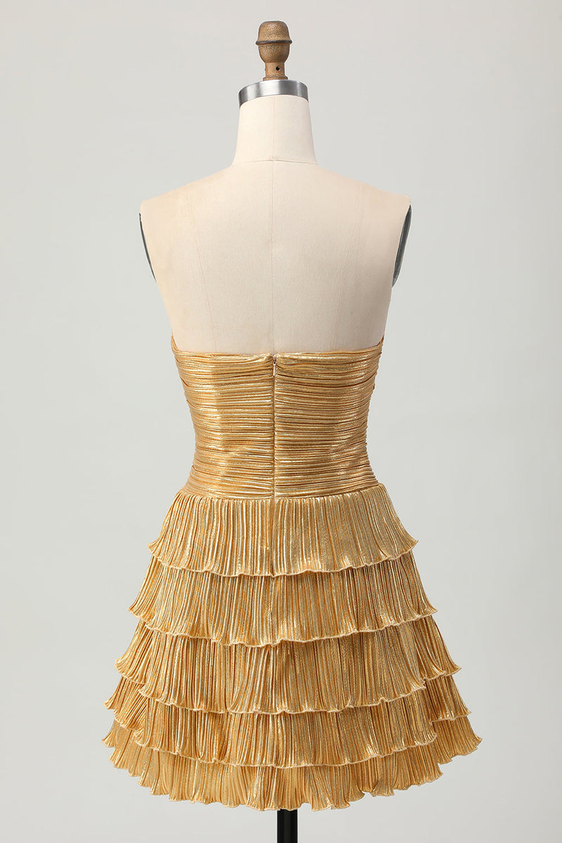 Load image into Gallery viewer, Sparkly Golden Metallic Sweetheart Floral Short Homecoming Dress with Keyholes