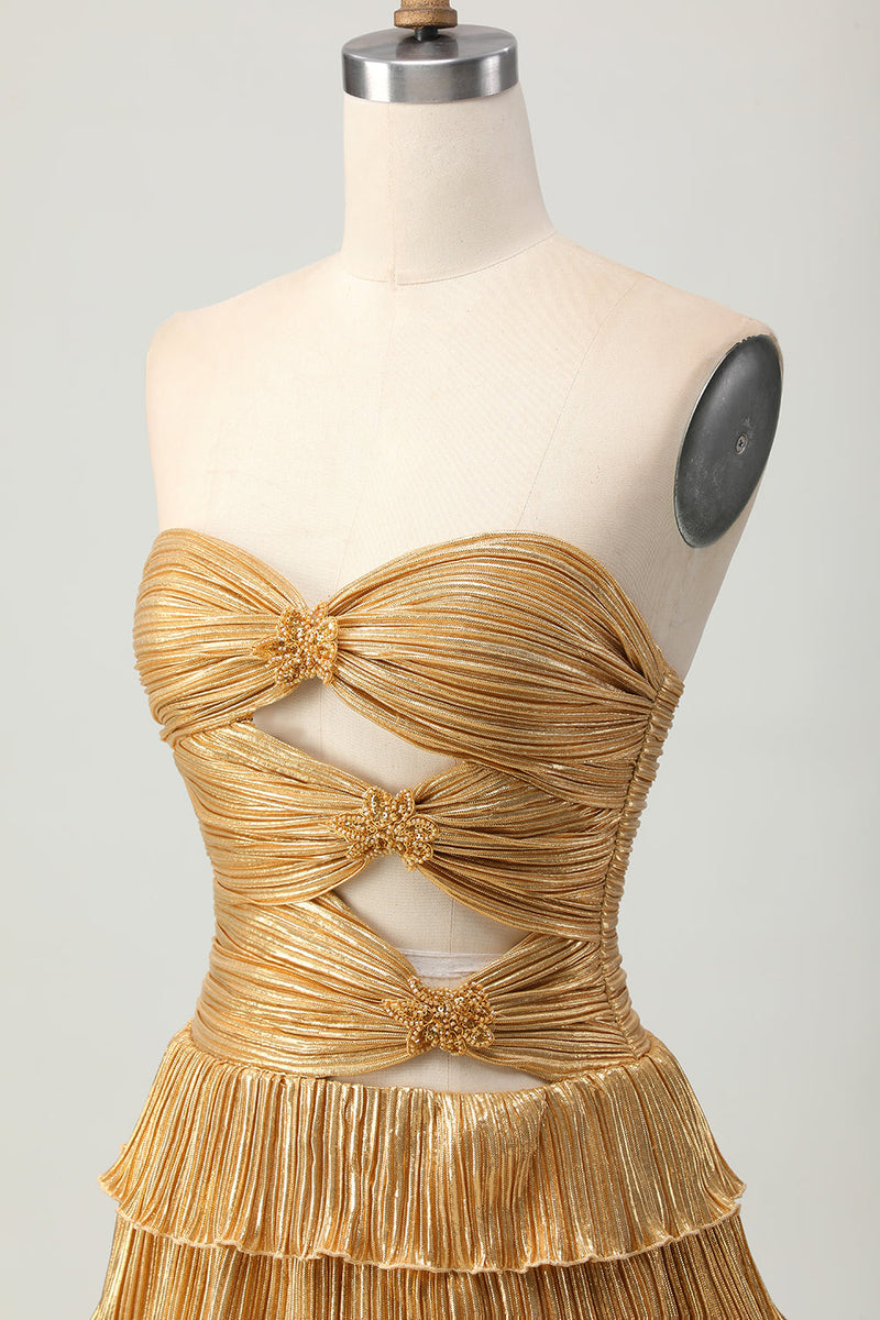 Load image into Gallery viewer, Sparkly Golden Metallic Sweetheart Floral Short Homecoming Dress with Keyholes