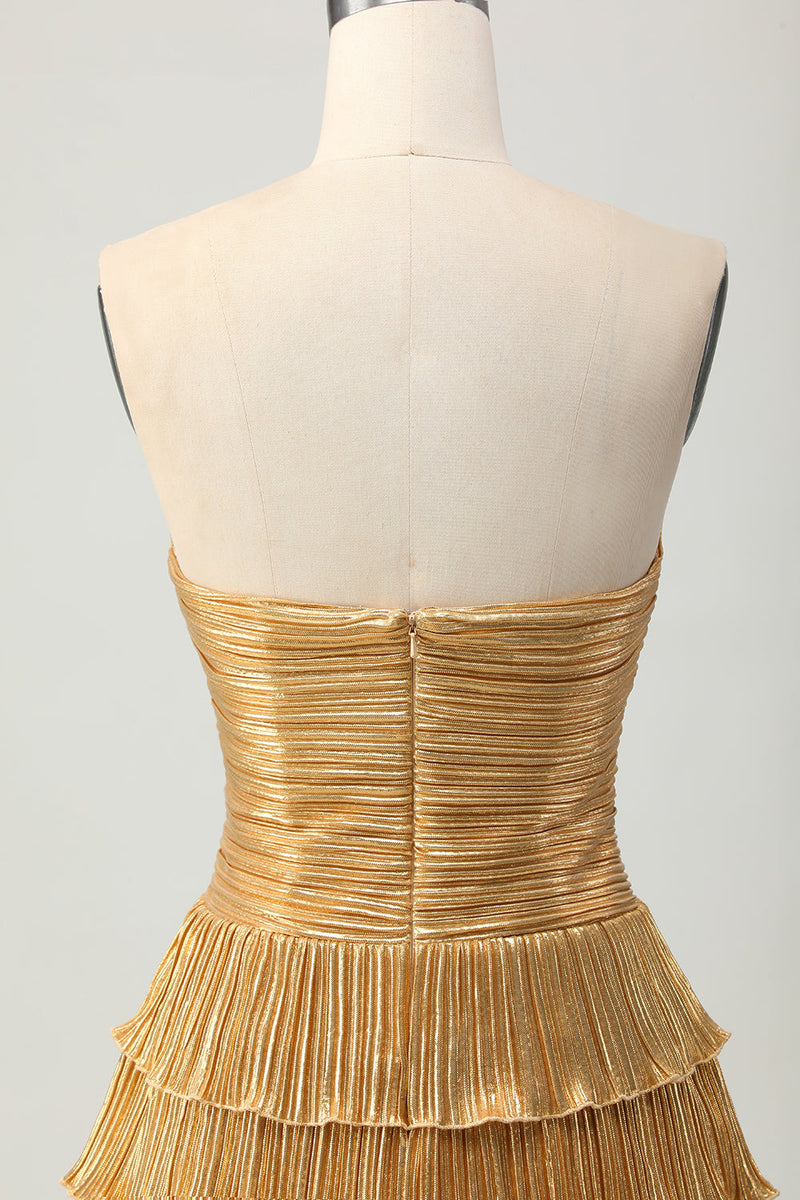 Load image into Gallery viewer, Sparkly Golden Metallic Sweetheart Floral Short Homecoming Dress with Keyholes