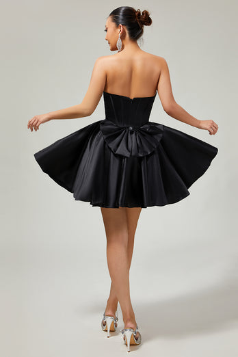 Sparkly Black Corset Satin Short Homecoming Dress with Bow