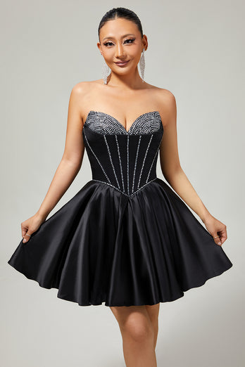 Sparkly Black Corset Satin Short Homecoming Dress with Bow