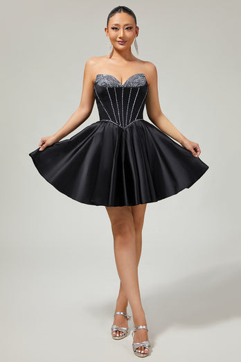 Sparkly Black Corset Satin Short Homecoming Dress with Bow