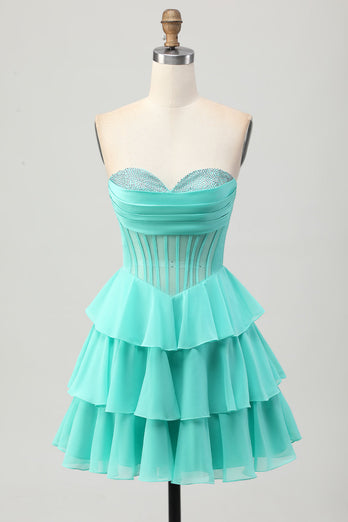 Sparkly Green Sweetheart Corset Ruffled Short Homecoming Dress with Beading