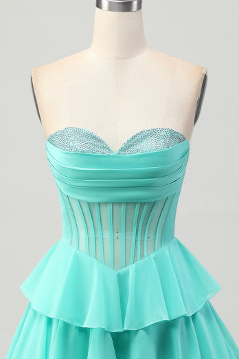 Sparkly Green Sweetheart Corset Ruffled Short Homecoming Dress with Beading
