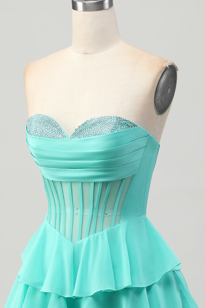 Load image into Gallery viewer, Sparkly Green Sweetheart Corset Ruffled Short Homecoming Dress with Beading