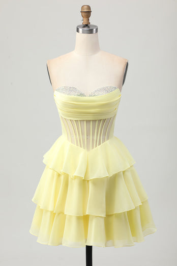 Sparkly Green Sweetheart Corset Ruffled Short Homecoming Dress with Beading