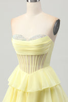Load image into Gallery viewer, Sparkly Yellow Ruffled Corset Sweetheart Short Homecoming Dress with Beading