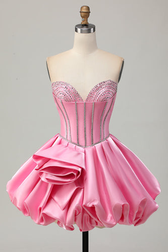 Sparkly Pink Strapless Corset Short Homecoming Dress with Rhinestones