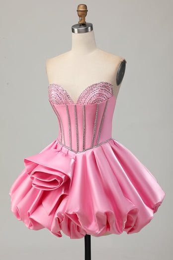Sparkly Pink Strapless Corset Short Homecoming Dress with Rhinestones