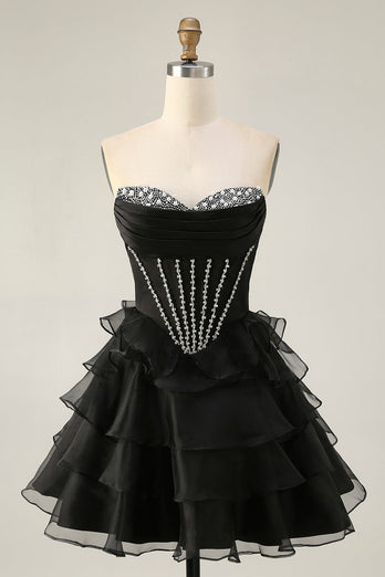 Sparkly Black Tiered Short Corset Homecoming Dress with Beading