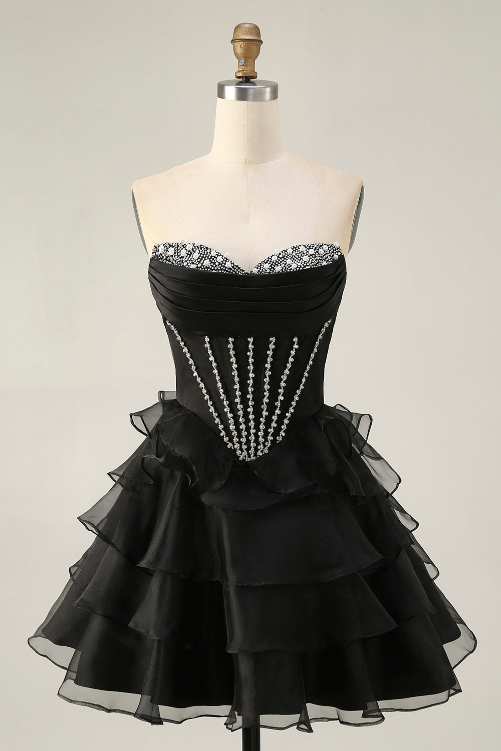 Sparkly Black Tiered Short Corset Homecoming Dress with Beading