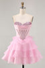 Load image into Gallery viewer, Sparkly Pink Corset Ruffled Short Homecoming Dress with Beading