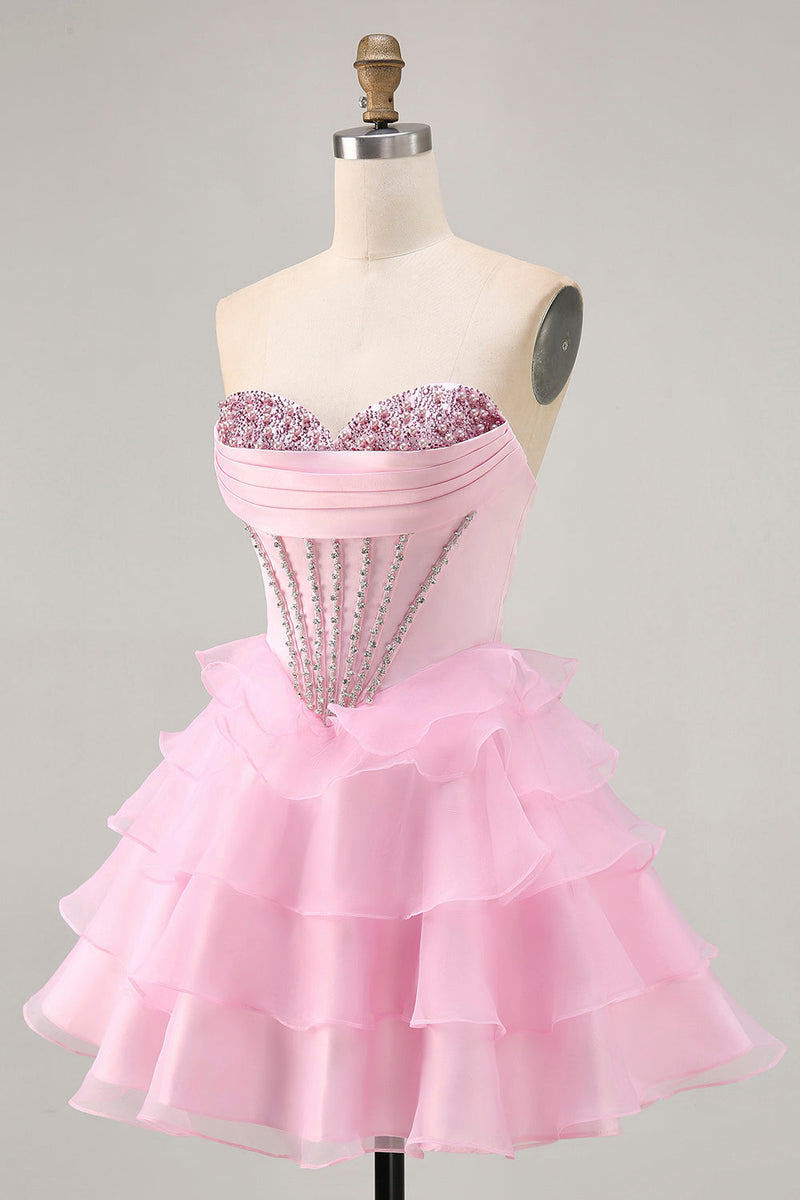 Load image into Gallery viewer, Sparkly Pink Corset Ruffled Short Homecoming Dress with Beading