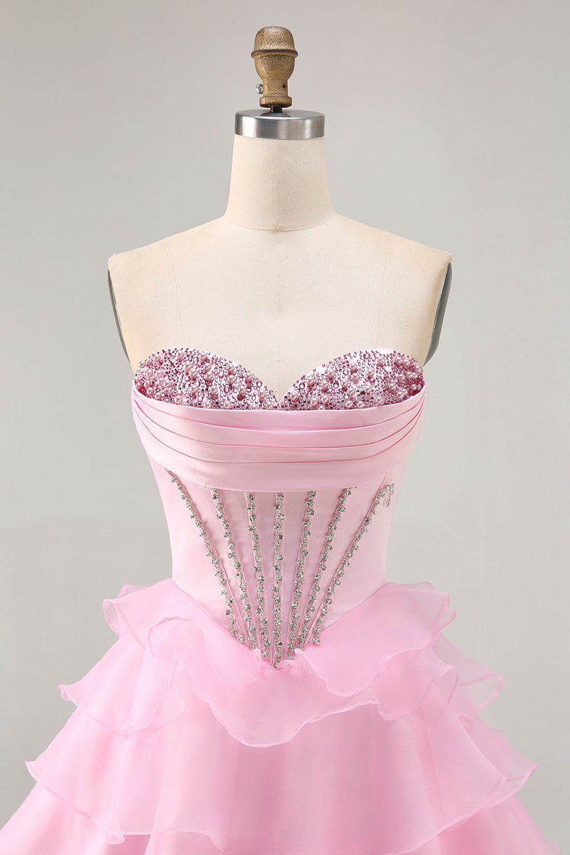 Load image into Gallery viewer, Sparkly Pink Corset Ruffled Short Homecoming Dress with Beading
