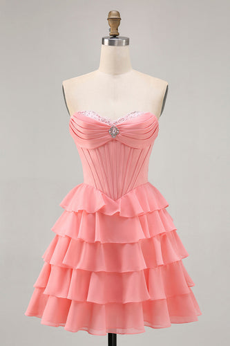 Sparkly Blush Corset Sweetheart Short Homecoming Dress with Ruffles