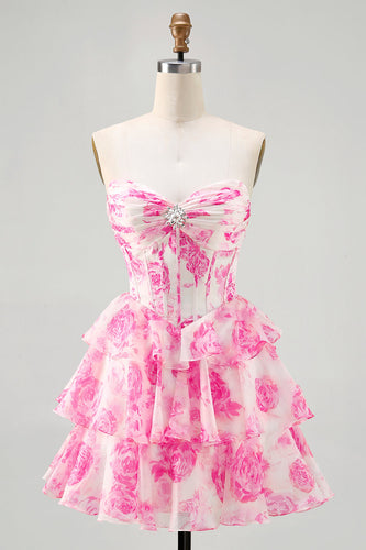 Sparkly Fuchsia Corset Short Floral Homecoming Dress with Rhinestones