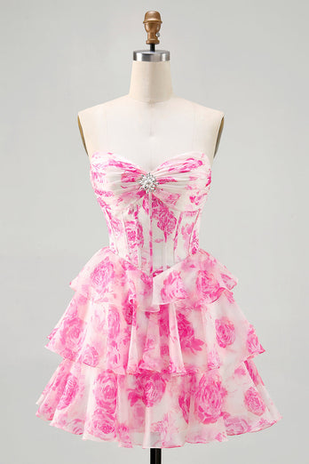 Sparkly Fuchsia Corset Short Floral Homecoming Dress with Rhinestones