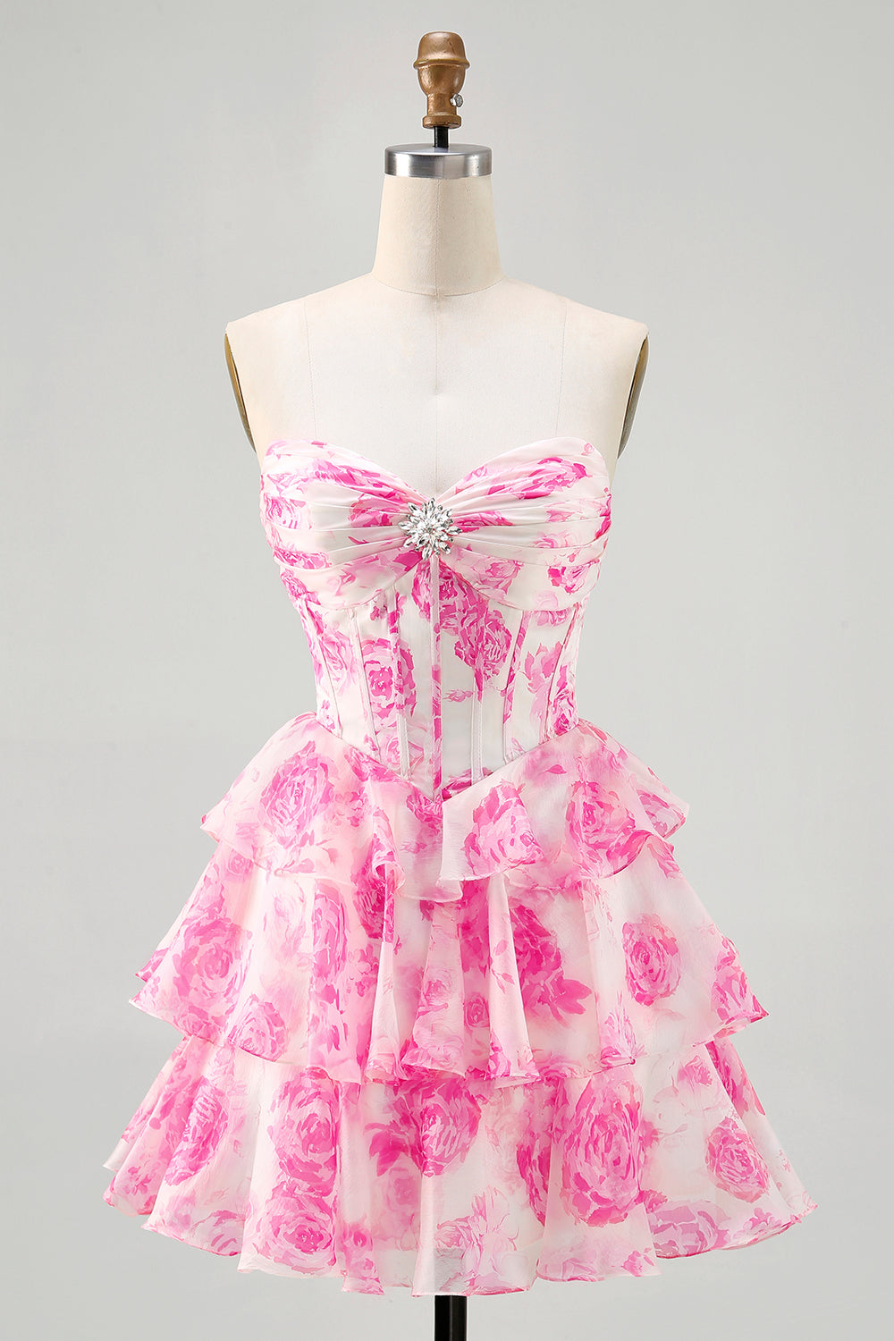 Sparkly Fuchsia Corset Short Floral Homecoming Dress with Rhinestones