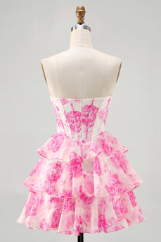 Sparkly Fuchsia Corset Short Floral Homecoming Dress with Rhinestones