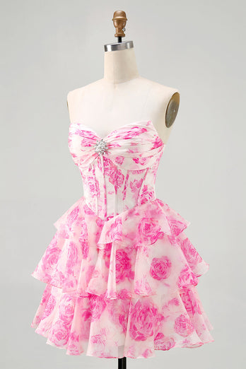 Sparkly Fuchsia Corset Short Floral Homecoming Dress with Rhinestones