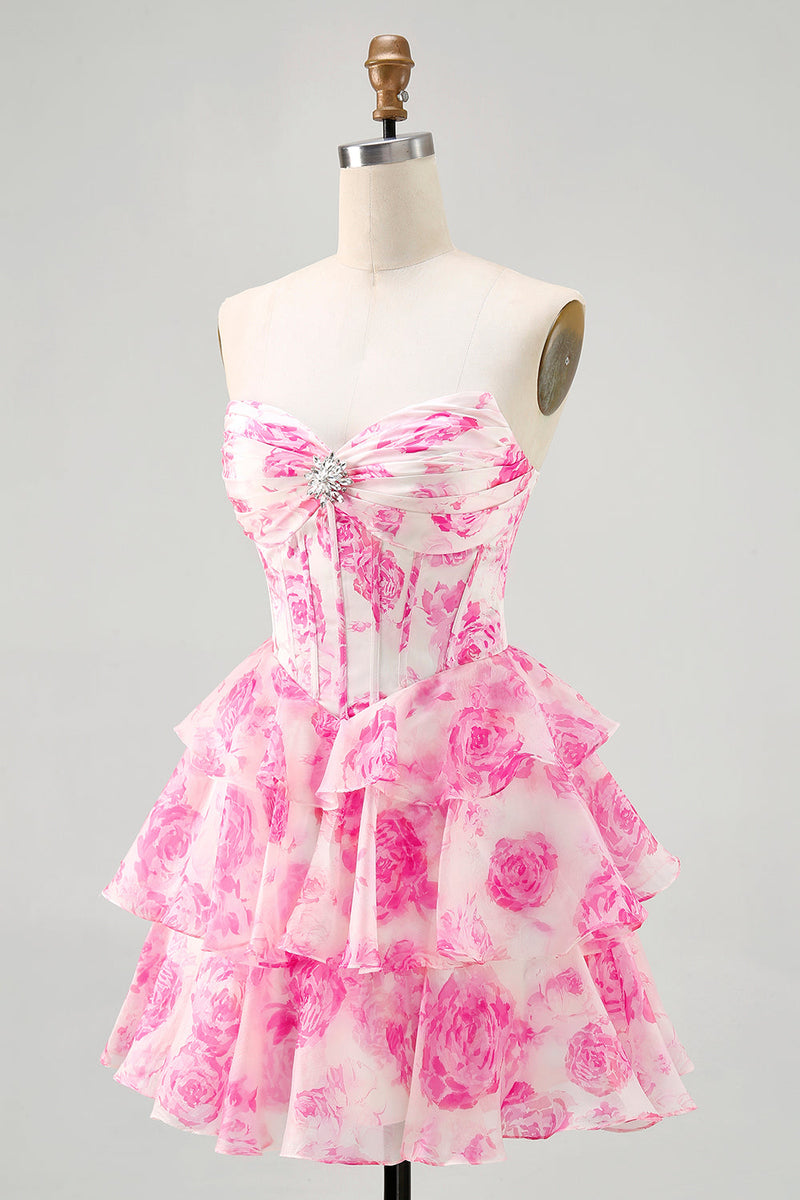 Load image into Gallery viewer, Sparkly Fuchsia Corset Short Floral Homecoming Dress with Rhinestones
