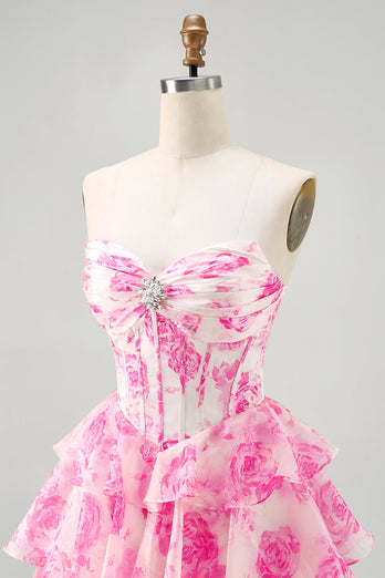Sparkly Fuchsia Corset Short Floral Homecoming Dress with Rhinestones