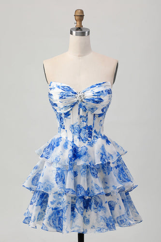 Sparkly Floral White and Blue Corset Short Homecoming Dress with Rhinestones
