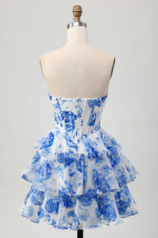 Sparkly Floral White and Blue Corset Short Homecoming Dress with Rhinestones