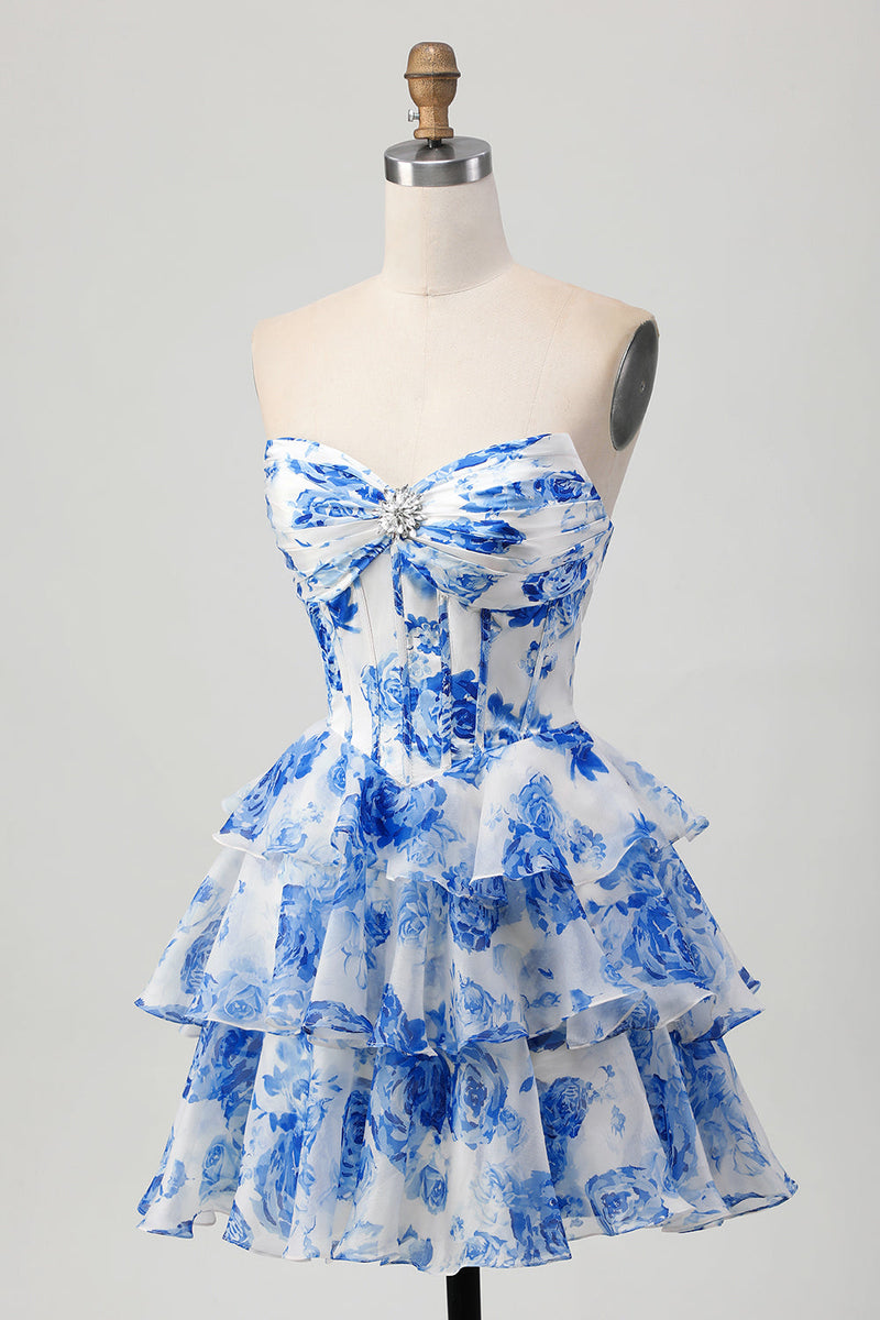 Load image into Gallery viewer, Sparkly Fuchsia Corset Short Floral Homecoming Dress with Rhinestones