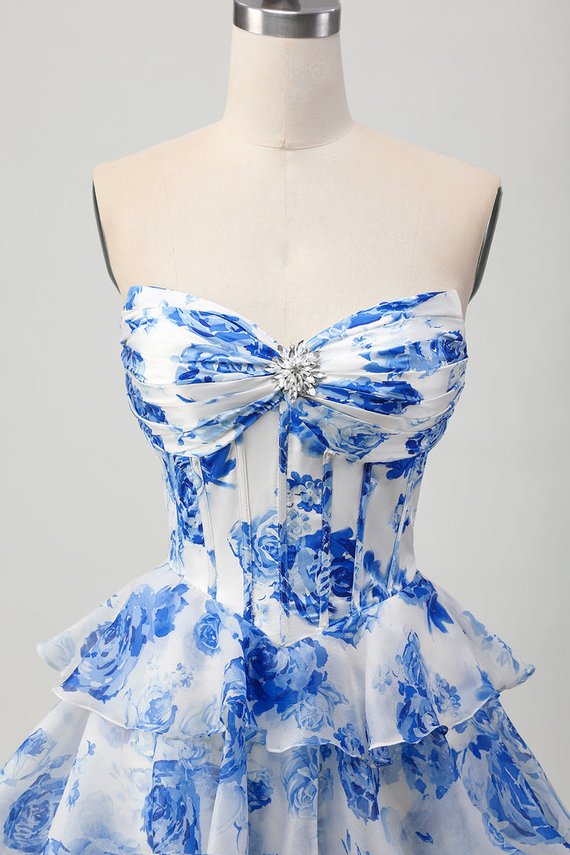 Load image into Gallery viewer, Sparkly Fuchsia Corset Short Floral Homecoming Dress with Rhinestones