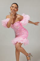 Load image into Gallery viewer, Sparkly Pink Detachable Puff Sleeves Sequins Short Tight Homecoming Dress