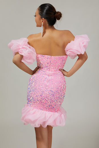Sparkly Pink Detachable Puff Sleeves Sequins Short Tight Homecoming Dress