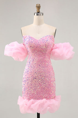 Sparkly Pink Detachable Puff Sleeves Sequins Short Tight Homecoming Dress