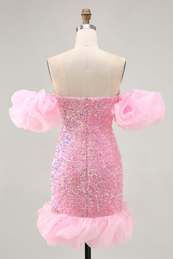 Sparkly Pink Detachable Puff Sleeves Sequins Short Tight Homecoming Dress