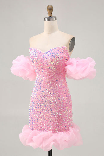 Sparkly Pink Detachable Puff Sleeves Sequins Short Tight Homecoming Dress