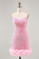 Load image into Gallery viewer, Sparkly Pink Detachable Puff Sleeves Sequins Short Tight Homecoming Dress