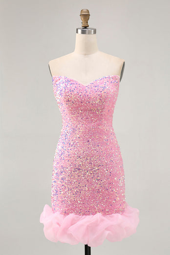 Sparkly Pink Detachable Puff Sleeves Sequins Short Tight Homecoming Dress