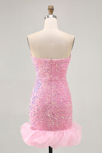 Sparkly Pink Detachable Puff Sleeves Sequins Short Tight Homecoming Dress