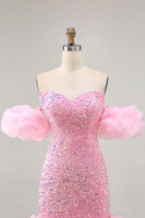 Load image into Gallery viewer, Sparkly Pink Detachable Puff Sleeves Sequins Short Tight Homecoming Dress