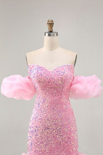 Sparkly Pink Detachable Puff Sleeves Sequins Short Tight Homecoming Dress