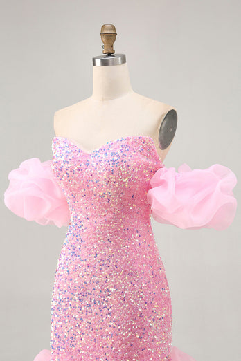 Sparkly Pink Detachable Puff Sleeves Sequins Short Tight Homecoming Dress