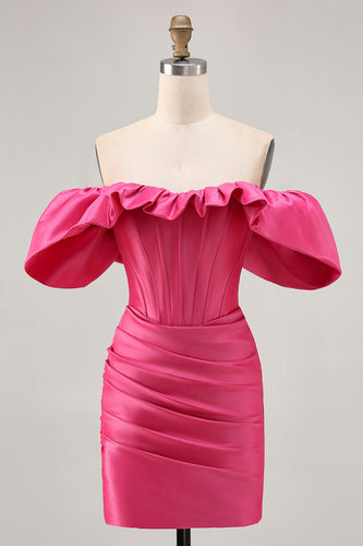 Fuchsia Satin Tight Short Corset Homecoming Dress with Ruffles