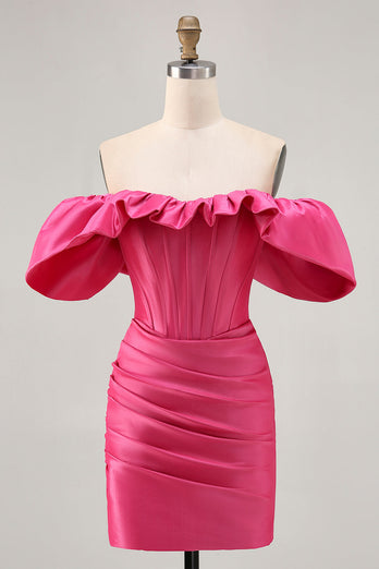Fuchsia Satin Tight Short Corset Homecoming Dress with Ruffles