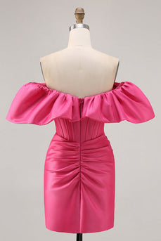 Fuchsia Satin Tight Short Corset Homecoming Dress with Ruffles